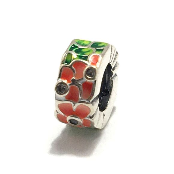 Sterling Silver Bead Charm 925 CZ Peach Green Flowers For DIY Bracelets - Picture 7 of 12